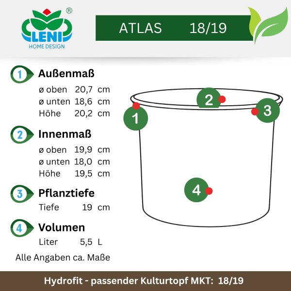 Leni Blumentopf Atlas Kunststoff Übertopf Ø 21 Höhe 20 cm rund Weiß matt Hydrokultur Pflanztopf für Zimmerpflanzen Outdoor Indoor