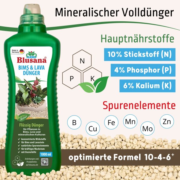 Blusana Bims und Lava Flüssigdünger 1 Liter NPK 10-4-6 Spezialdünger Mineralsubstrat EDTA-Chelate Pflanzendünger Zeolith