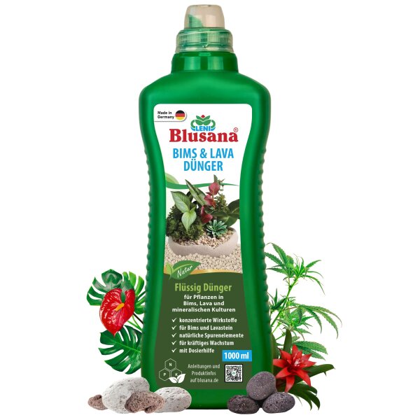 Blusana Bims und Lava Flüssigdünger 1 Liter NPK 10-4-6 Spezialdünger Mineralsubstrat EDTA-Chelate Pflanzendünger Zeolith