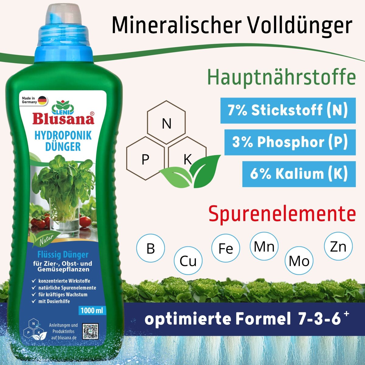 Hydroponik-Dnger NPK 7-3-6 mit EDTA-Chelaten | Blusana