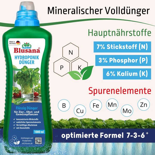 Blusana Hydroponik Flüssigdünger 1 Liter NPK 7-3-6 Hydrokultur Nährlösung EDTA-Chelate Leitungsschutz Pflanzendünger flüssig