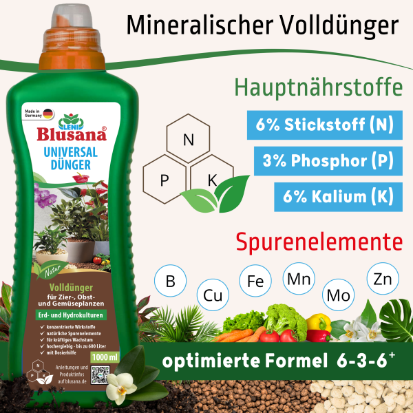 Blusana Universal Flüssigdünger NPK 6-3-6 Konzentrat Zimmerpflanzen Hydrokultur Erdkultur Pflanzendünger Dreifach-Stickstoff