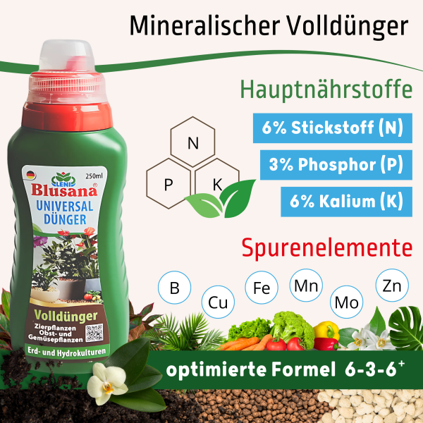 Blusana Universal Flüssigdünger 250 ml Flasche NPK 6-3-6 Konzentrat Zimmerpflanzen Hydrokultur Erdkultur Pflanzendünger flüssig
