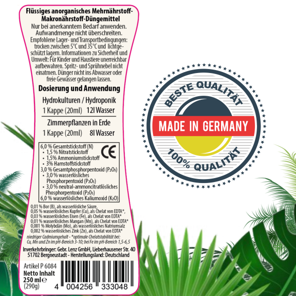 Blusana Universal Flüssigdünger 250 ml Flasche NPK 6-3-6 Konzentrat Zimmerpflanzen Hydrokultur Erdkultur Pflanzendünger flüssig