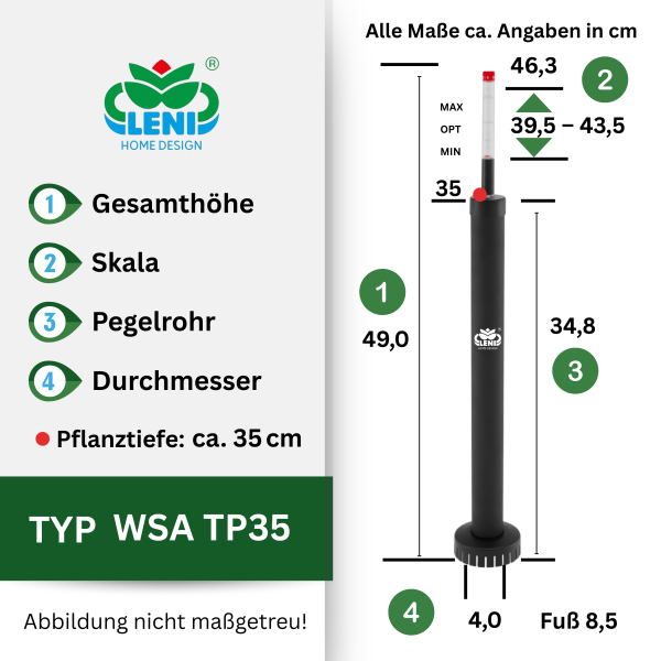 Leni Wasserstandsanzeiger TP35 Top-Pegulator | Hydrokultur Gießanzeige für große Pflanzgefäße Pflanztiefe 35 cm