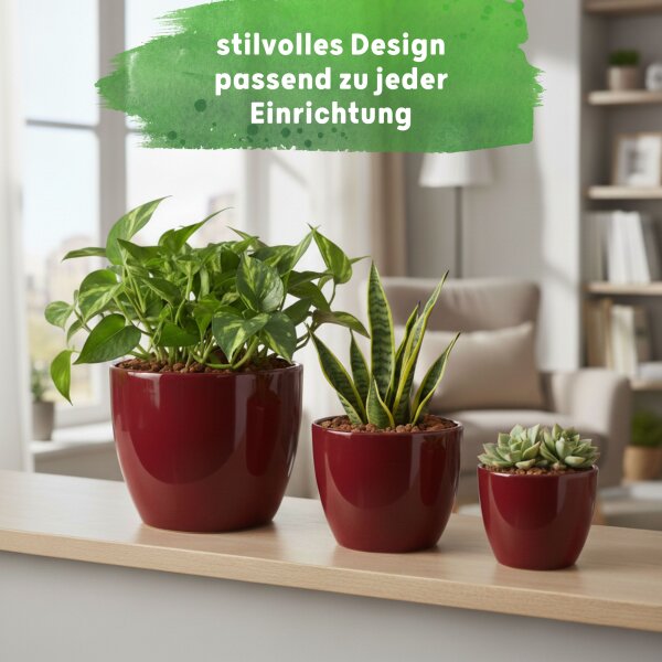 Sylt Blumentopf Keramik glänzend Weinrot 3 Größen (Ø 8cm + 11cm + 17cm) im Set