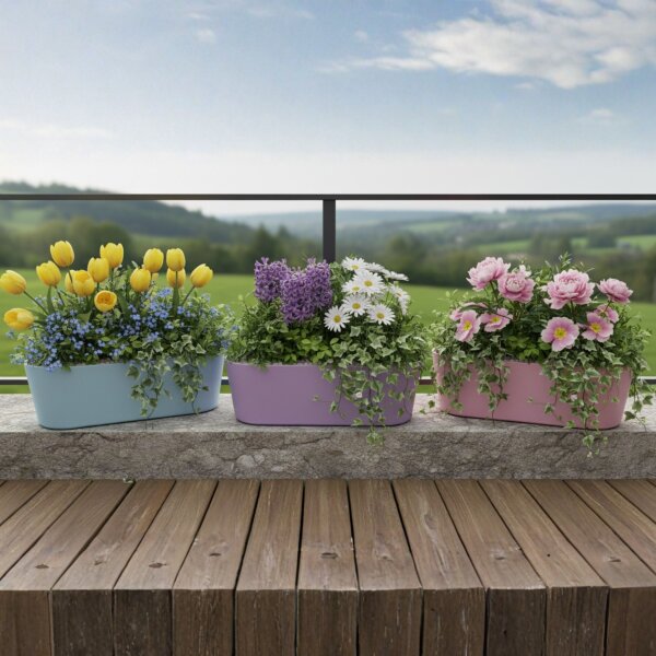Leni Flori Jardiniere 3er Set Pflanzkasten oval wasserdicht Lavendel Pastellrosa Sky Übertopf Kunststoff Hydrokultur Fensterbank