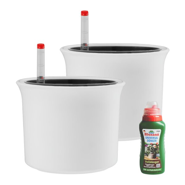 LENI ATLAS Hydrokultur-Topf-Set mit 2 x Pflanztopf ca. Ø 15 cm Weiß und Kulturtopf | matt glatt wasserdicht mit Dünger