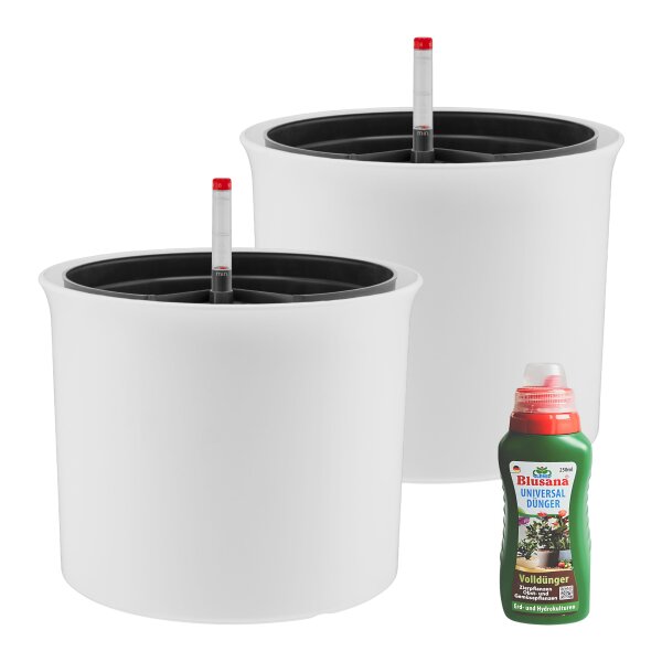 LENI ATLAS Hydrokultur-Topf-Set mit 2 x Pflanztopf ca. Ø 25 cm Weiß und Kulturtopf | matt glatt wasserdicht mit Dünger