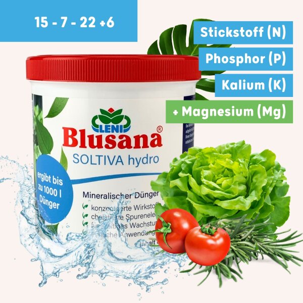 Blusana SOLTIVA hydro Nährsalz 800 ml Hydroponik-Dünger und Hydrokultur-Dünger | NPK 15-7-22 +Magnesium mit Eisen-Doppelchelat