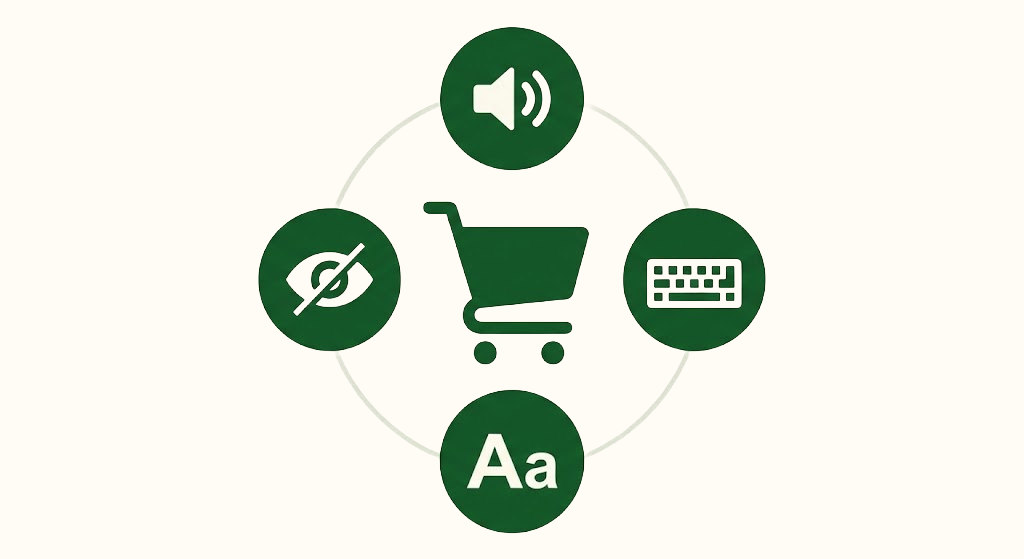 Symbole für digitale Barrierefreiheit: Screenreader, Tastatur, Kontrast, Schriftgröße